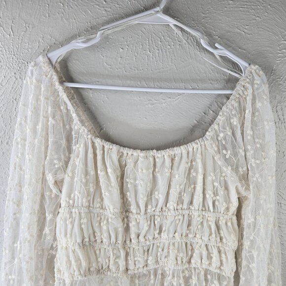 Sheer Off Shoulder Blouse M White Smocked Bell Sleeve Coquette Fairy Boho Top - Picture 7 of 11